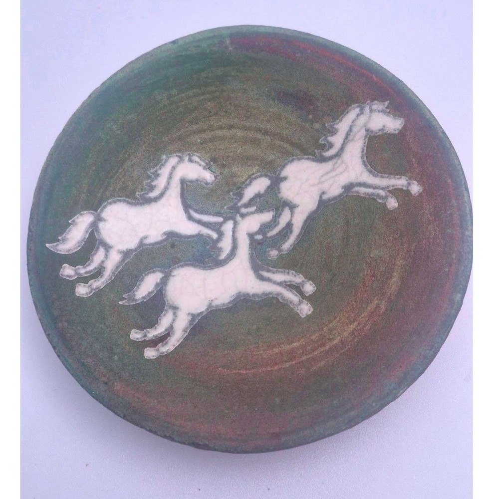 Jeremy Diller Handmade Raku Pottery Art Bowl with Iridescent Glaze & Horse Motif